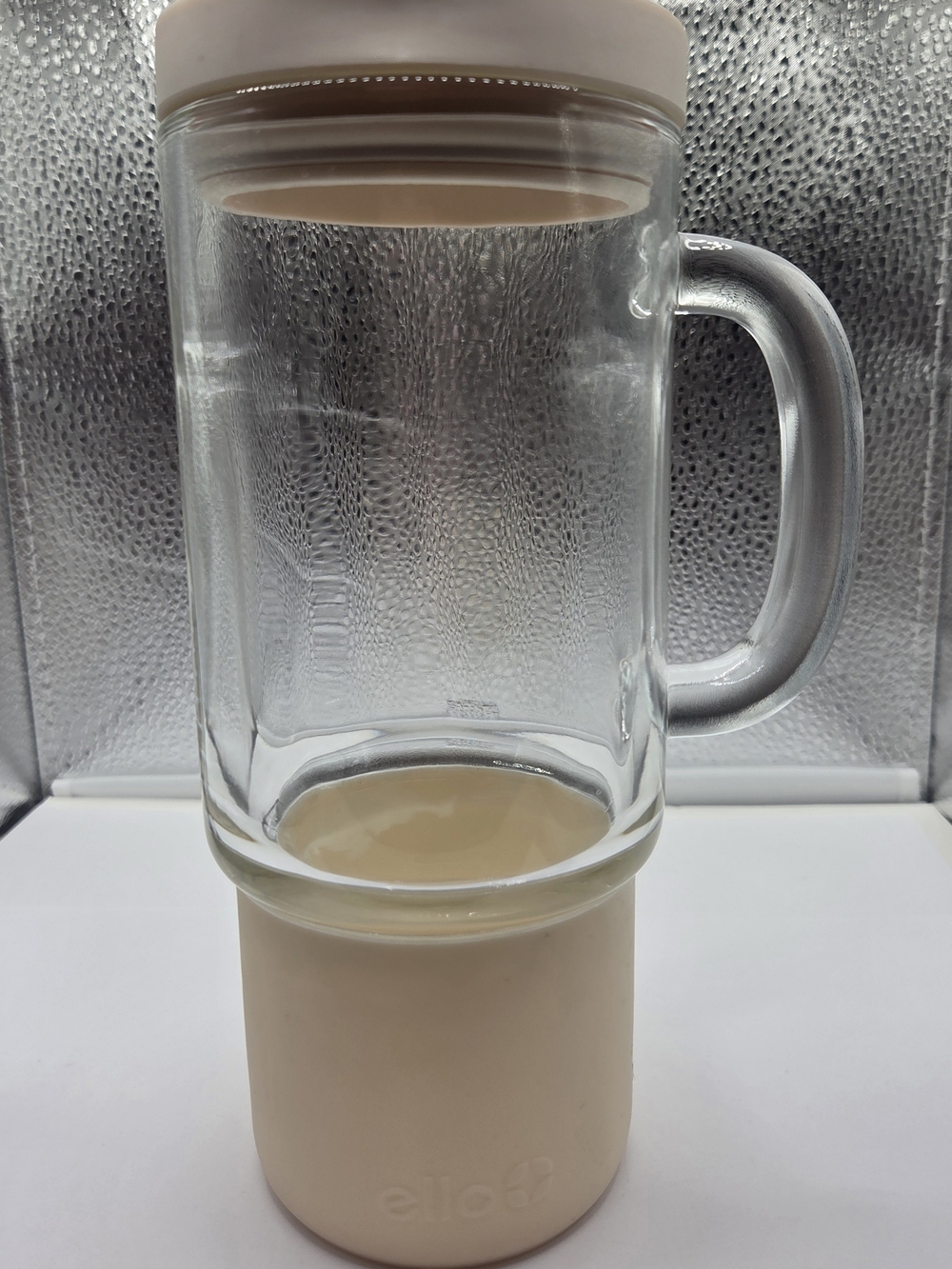 Ello Glass Coffee Mug 18 fl oz w/ Lid, Clear Beige Silicone Sleeve